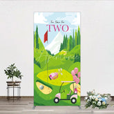 Aperturee - Aperturee Tee Time For Two Golf Birthday Rectangle Backdrop Pink Golf Cart and Mountain Landscape Girls 2nd Birthday
