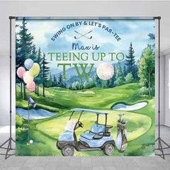 Aperturee Aperturee Teeing Up to Two Birthday Backdrop Custom Name Boys Blue Golf Cart Swing on By and Let’s Par tee Banner