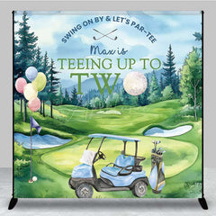 Aperturee Aperturee Teeing Up to Two Birthday Backdrop Custom Name Boys Blue Golf Cart Swing on By and Let’s Par tee Banner