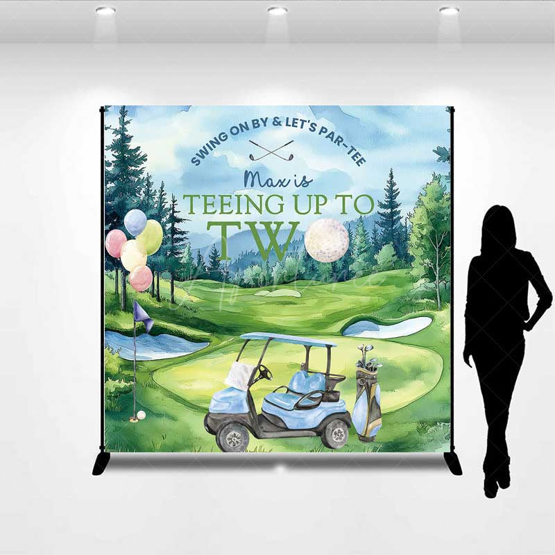 Aperturee Aperturee Teeing Up to Two Birthday Backdrop Custom Name Boys Blue Golf Cart Swing on By and Let’s Par tee Banner