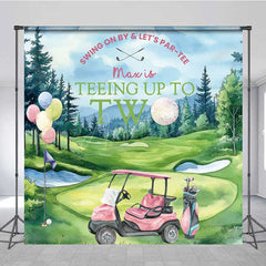 Aperturee Aperturee Teeing Up to Two Birthday Backdrop Custom Name Girls Pink Golf Cart Swing on By and Let’s Par tee Banner