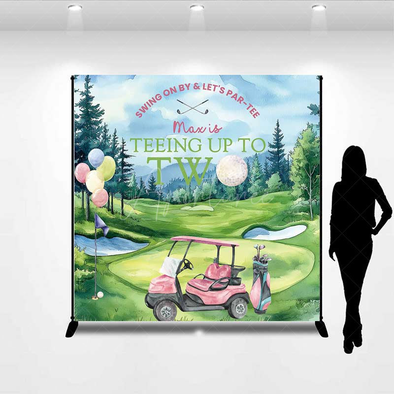 Aperturee Aperturee Teeing Up to Two Birthday Backdrop Custom Name Girls Pink Golf Cart Swing on By and Let’s Par tee Banner