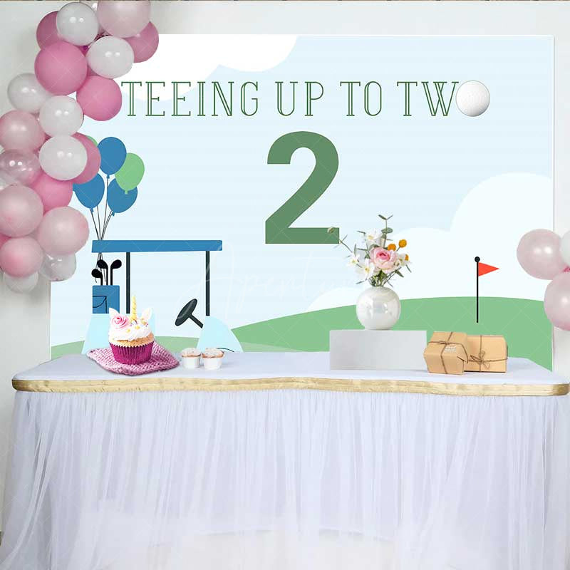 Aperturee - Aperturee Teeing Up to Two Golf Themed Birthday Boys 2nd Bday Party Backdrop Blue and Green Golf Cart Scenery Banner