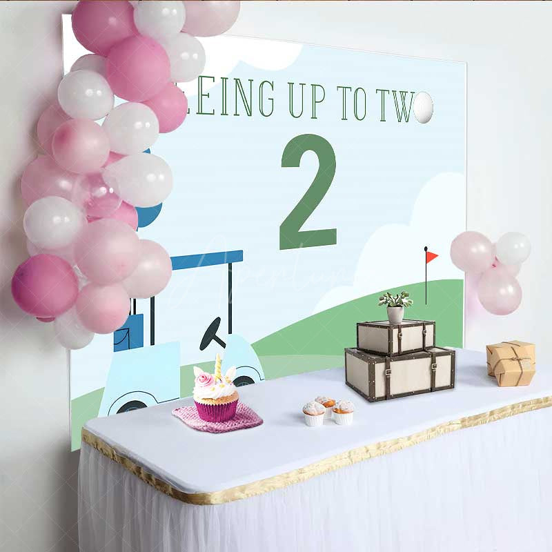 Aperturee - Aperturee Teeing Up to Two Golf Themed Birthday Boys 2nd Bday Party Backdrop Blue and Green Golf Cart Scenery Banner