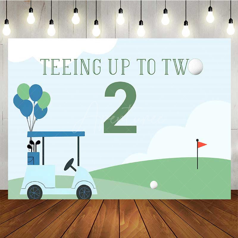 Aperturee - Aperturee Teeing Up to Two Golf Themed Birthday Boys 2nd Bday Party Backdrop Blue and Green Golf Cart Scenery Banner