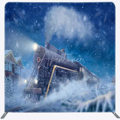Aperturee - Aperturee Tension Fabric Backdrop Christmas Steam Train Winter Snow North Pole Magical Railway Background