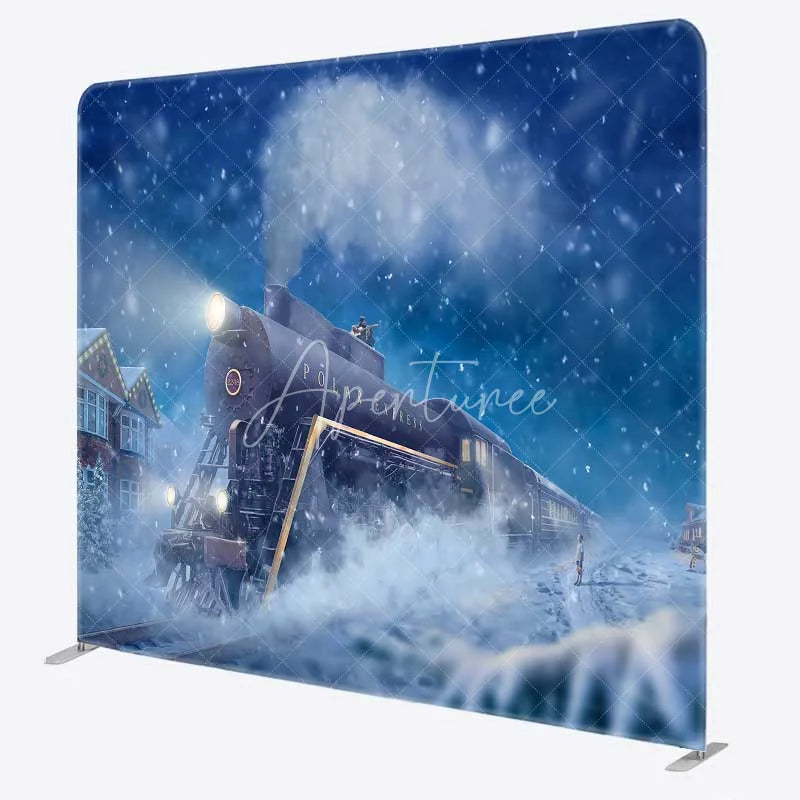 Aperturee - Aperturee Tension Fabric Backdrop Christmas Steam Train Winter Snow North Pole Magical Railway Background
