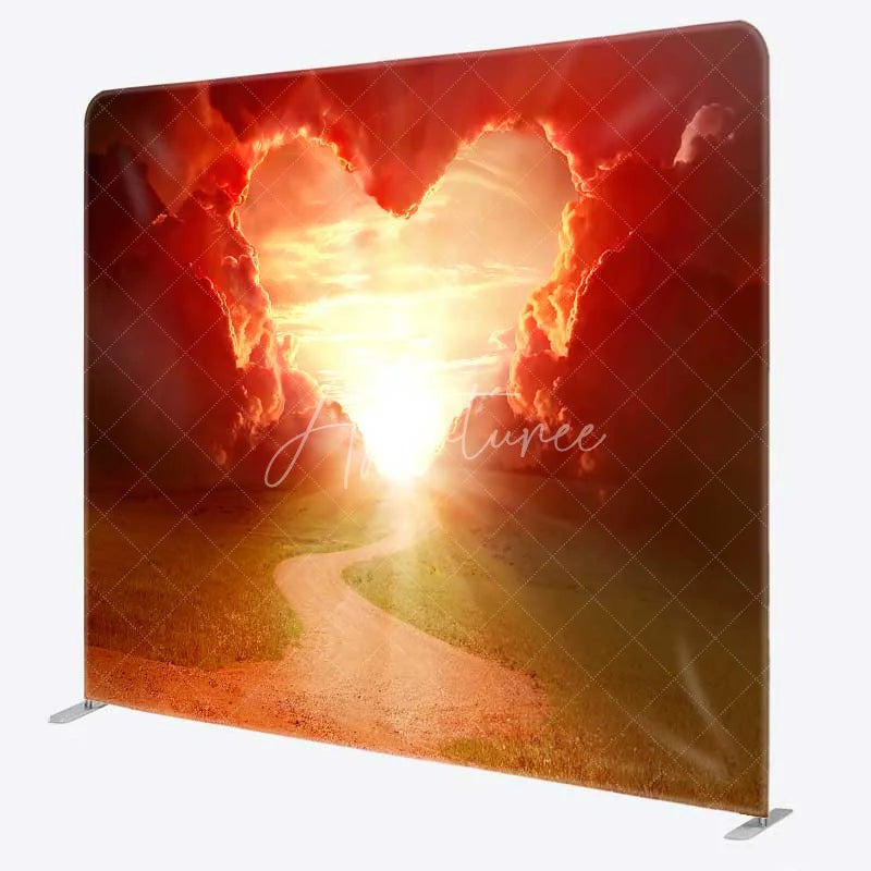 Aperturee - Aperturee Tension Fabric Backdrop Heart Shaped Cloud Sunset Sky Love Road Photography Background