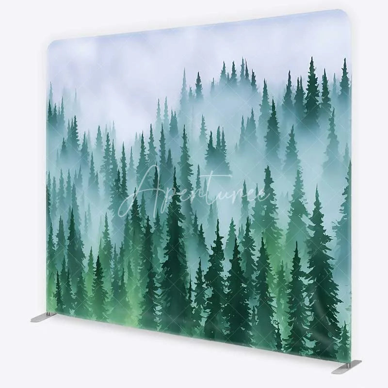 Aperturee - Aperturee Tension Fabric Backdrop Misty Green Pine Forest Foggy Woodland Tree Pillowcase Background Nature Camping Decor