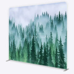 Aperturee - Aperturee Tension Fabric Backdrop Misty Green Pine Forest Foggy Woodland Tree Pillowcase Background Nature Camping Decor