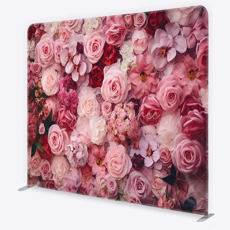 Aperturee - Aperturee Tension Fabric Backdrop Pink Rose Flower Wall Romantic Floral Bloom Pillowcase Background Wedding Valentine Decor