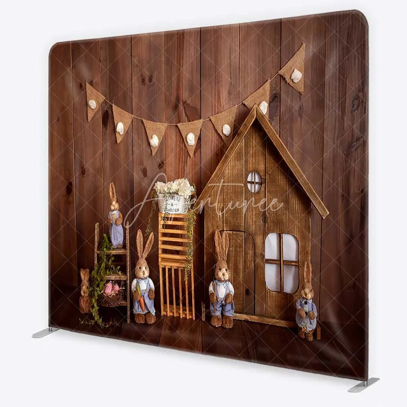 Aperturee - Aperturee Tension Fabric Backdrop Rustic Wood Easter Bunny Spring Wooden House Rabbit Pillowcase Background Kids Party Decor