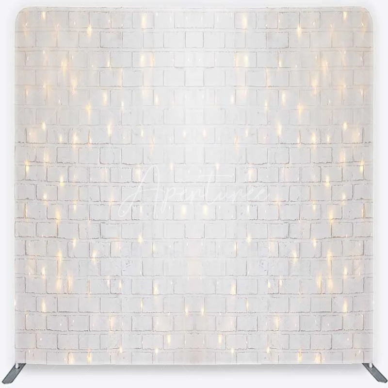 Aperturee - Aperturee Tension Fabric Backdrop White Brick Wall String Lights Rustic Texture Fairy Light Pillowcase Background Wedding Party