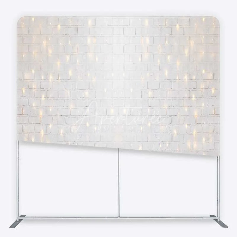 Aperturee - Aperturee Tension Fabric Backdrop White Brick Wall String Lights Rustic Texture Fairy Light Pillowcase Background Wedding Party