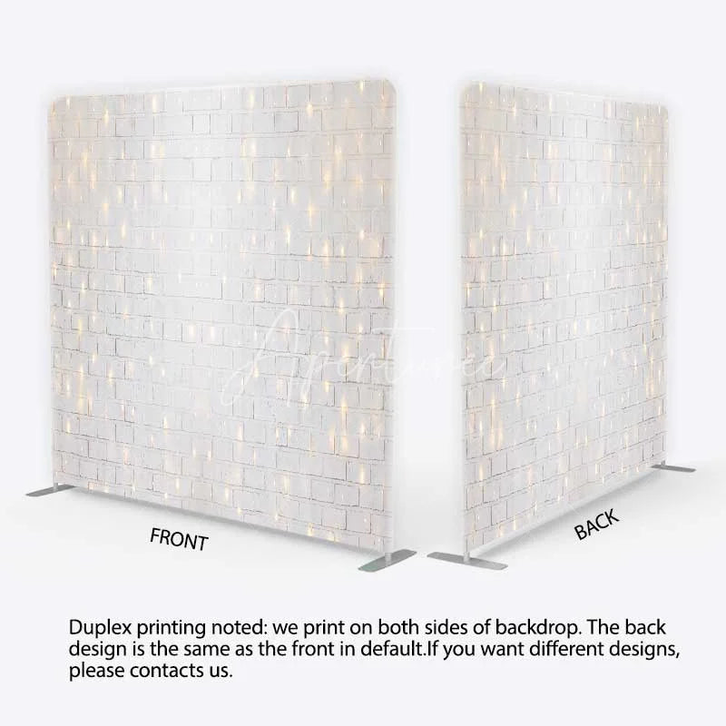 Aperturee - Aperturee Tension Fabric Backdrop White Brick Wall String Lights Rustic Texture Fairy Light Pillowcase Background Wedding Party
