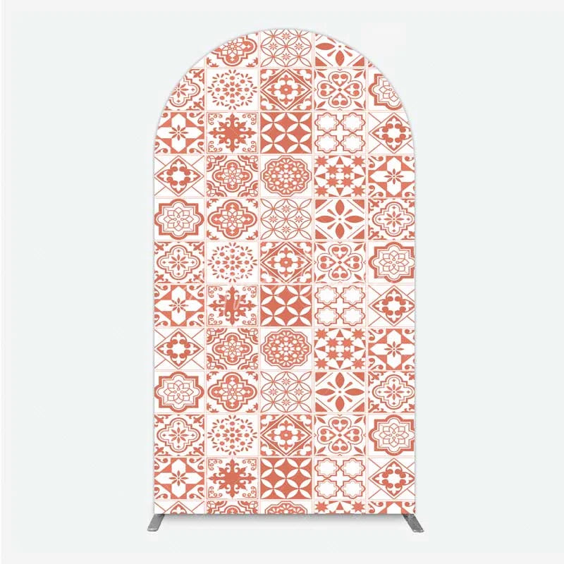 Aperturee - Aperturee Terracotta and White Moroccan Tile Pattern Arch Backdrop Rustic Boho Wedding Party Decor