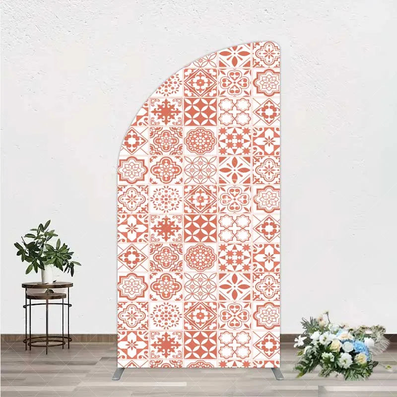 Aperturee - Aperturee Terracotta and White Moroccan Tile Pattern Half Moon Arch Backdrop Rustic Boho Wedding Party Decor