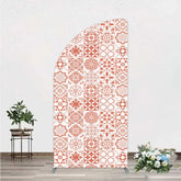 Aperturee - Aperturee Terracotta and White Moroccan Tile Pattern Half Moon Arch Backdrop Rustic Boho Wedding Party Decor