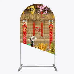 Aperturee - Aperturee Tet Lunar New Year Holiday Arch Backdrop Vietnamese Traditional Spring Flowers and Lion Dance Background