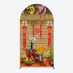 Aperturee - Aperturee Tet Lunar New Year Holiday Arch Backdrop Vietnamese Traditional Spring Flowers and Lion Dance Background