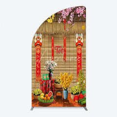 Aperturee - Aperturee Tet Lunar New Year Holiday Half Moon Arch Backdrop Vietnamese Traditional Spring Flowers and Lion Dance Background