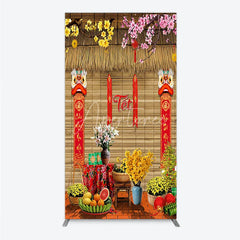 Aperturee - Aperturee Tet Lunar New Year Holiday Rectangle Backdrop Vietnamese Traditional Spring Flowers and Lion Dance Background