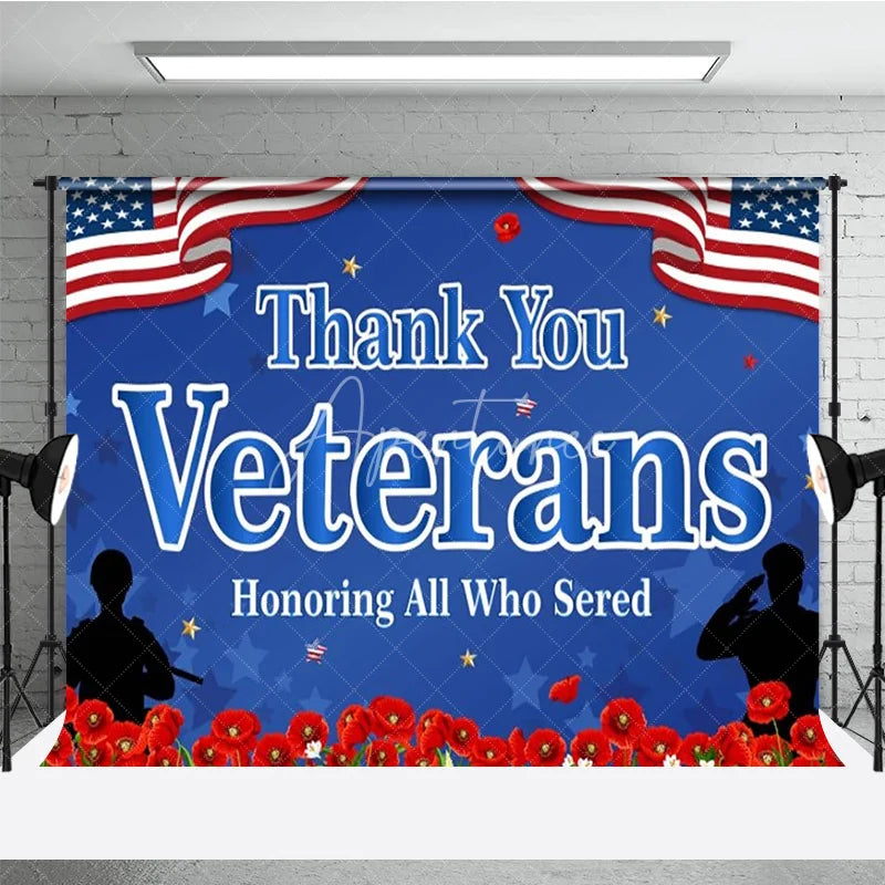 Aperturee - Aperturee Thank You Veterans Backdrop for Honoring All Who Served Patriotic American Flag with Poppies Veterans Day Decor