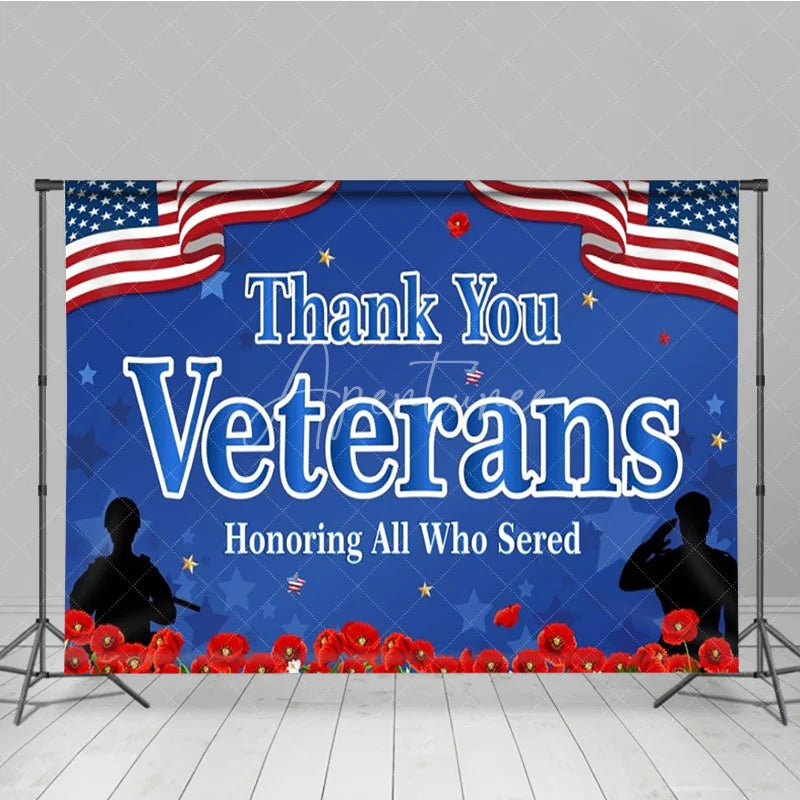 Aperturee - Aperturee Thank You Veterans Backdrop for Honoring All Who Served Patriotic American Flag with Poppies Veterans Day Decor