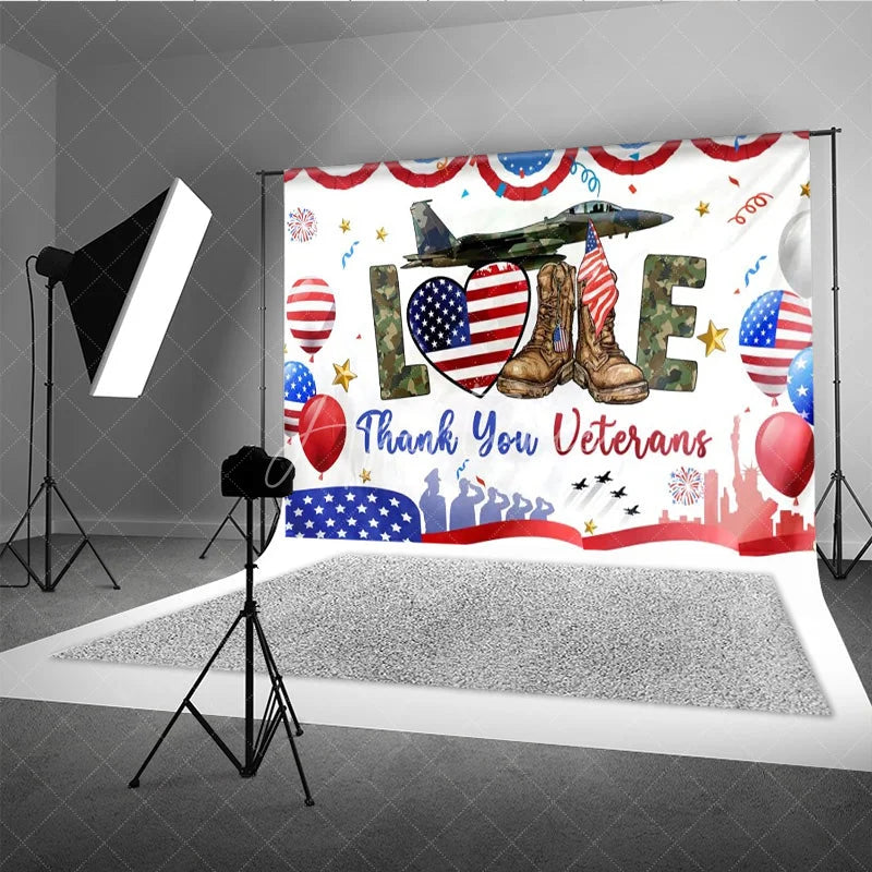 Aperturee - Aperturee Thank You Veterans Backdrop Patriotic Military Appreciation Banner American Flag Boots Jet Party Decorations