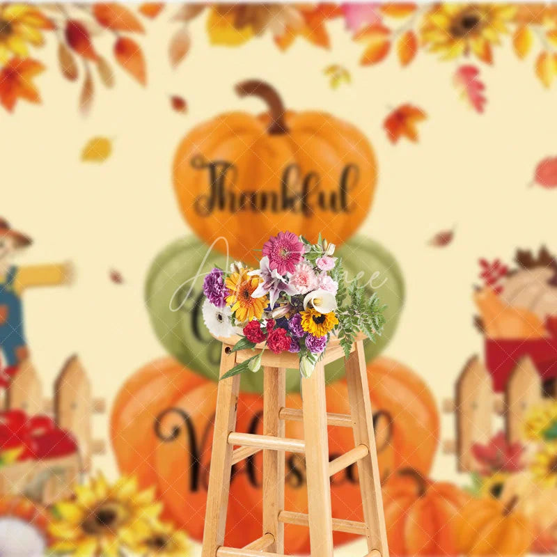 Aperturee - Aperturee Thankful Grateful Blessed Backdrop Fall Pumpkin Scarecrow Background for Thanksgiving Autumn Harvest Party Decoration