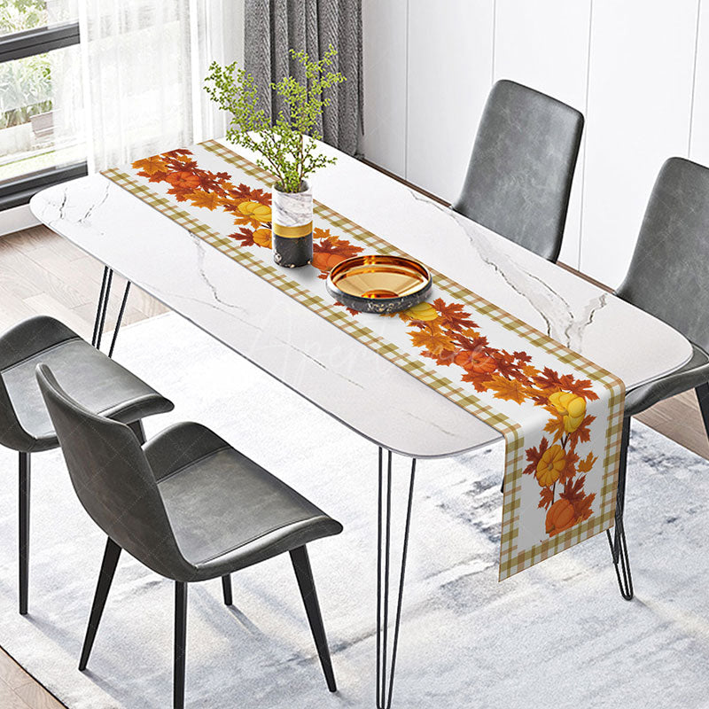 Aperturee - Aperturee Thanksgiving Plaid Table Runner with Pumpkins and Leaves Rustic Harvest Vibe Farmhouse Kitchen Dining Decor