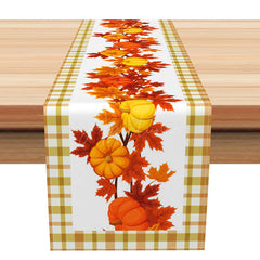 Aperturee - Aperturee Thanksgiving Plaid Table Runner with Pumpkins and Leaves Rustic Harvest Vibe Farmhouse Kitchen Dining Decor