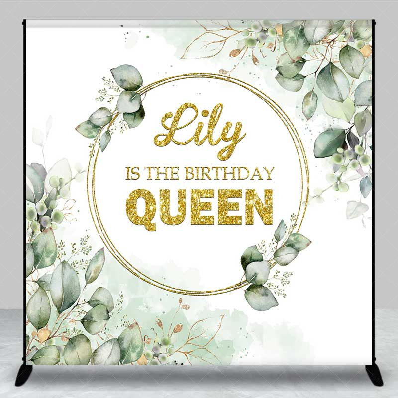 Aperturee Aperturee The Birthday Queen Custom Backdrop Gold Glitter and Greenery Wreath Elegant Eucalyptus Leaves Party Decor
