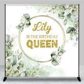 Aperturee Aperturee The Birthday Queen Custom Backdrop Gold Glitter and Greenery Wreath Elegant Eucalyptus Leaves Party Decor
