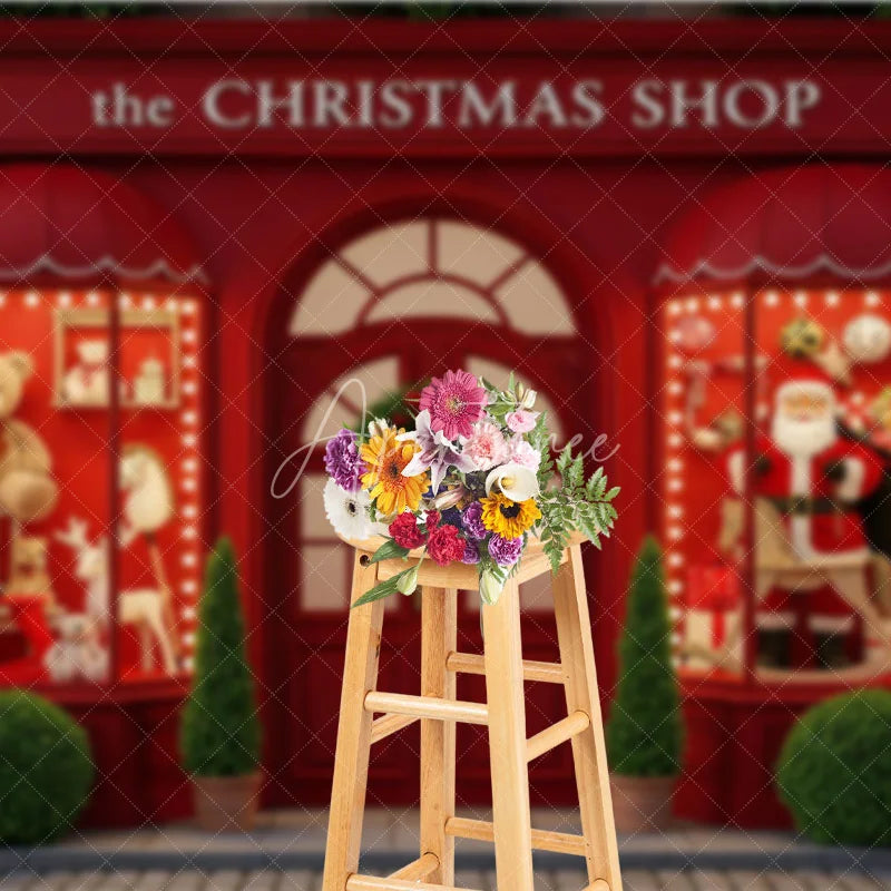 Aperturee - Aperturee The Christmas Shop Backdrop Red Storefront Window Display Santa and Teddy Bear Holiday Photography Props