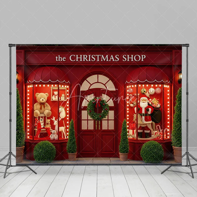Aperturee - Aperturee The Christmas Shop Backdrop Red Storefront Window Display Santa and Teddy Bear Holiday Photography Props