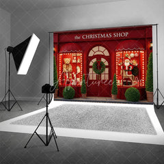 Aperturee - Aperturee The Christmas Shop Backdrop Red Storefront Window Display Santa and Teddy Bear Holiday Photography Props