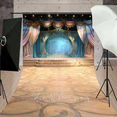 Aperturee Aperturee Theater Stage Sweep Photography Backdrop with Floor Elegant Blue and Gold Curtains Magical Performance Photo Prop