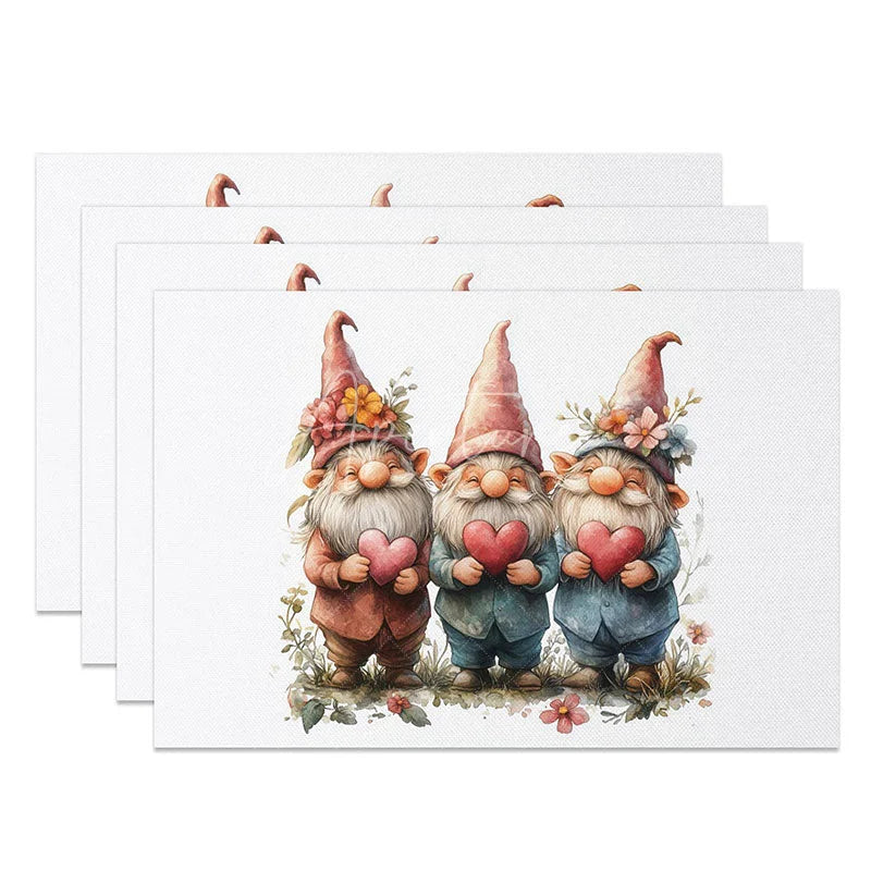 Aperturee - Aperturee Three Gnomes Holding Hearts Set of 4 Placemats Best Friends Valentine Decoration Cute Trio Table Mat