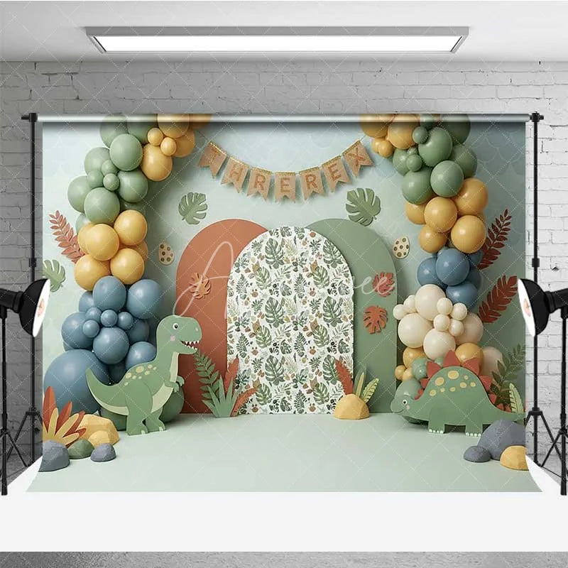 Aperturee - Aperturee Three Rex Birthday Backdrop Dinosaur Jungle Safari Photography Background 3rd Birthday Party Decoration Prop