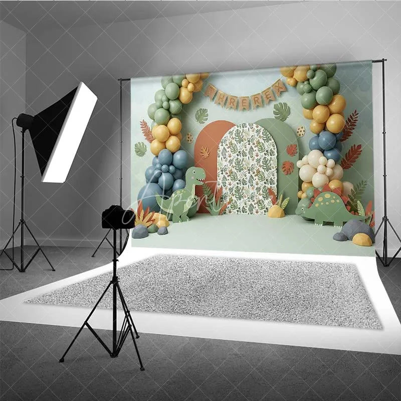 Aperturee - Aperturee Three Rex Birthday Backdrop Dinosaur Jungle Safari Photography Background 3rd Birthday Party Decoration Prop