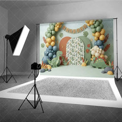 Aperturee - Aperturee Three Rex Birthday Backdrop Dinosaur Jungle Safari Photography Background 3rd Birthday Party Decoration Prop