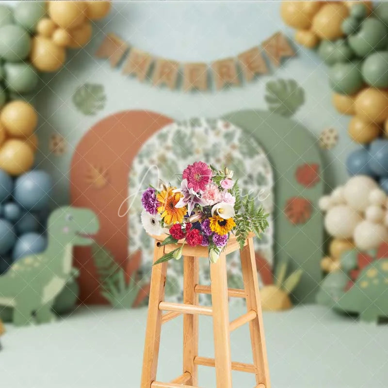 Aperturee - Aperturee Three Rex Birthday Backdrop Dinosaur Jungle Safari Photography Background 3rd Birthday Party Decoration Prop