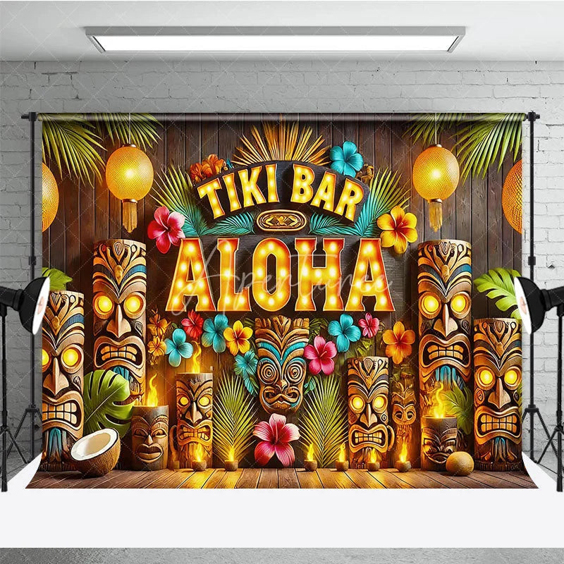 Aperturee - Aperturee Tiki Bar Aloha Tropical Holiday Backdrop Summer Beach Party Decor with Glowing Lanterns and Wooden Totems