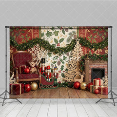 Aperturee - Aperturee Traditional Christmas Fireplace Nutcracker Photography Backdrop with Festive Gifts and Holiday Garland Decor