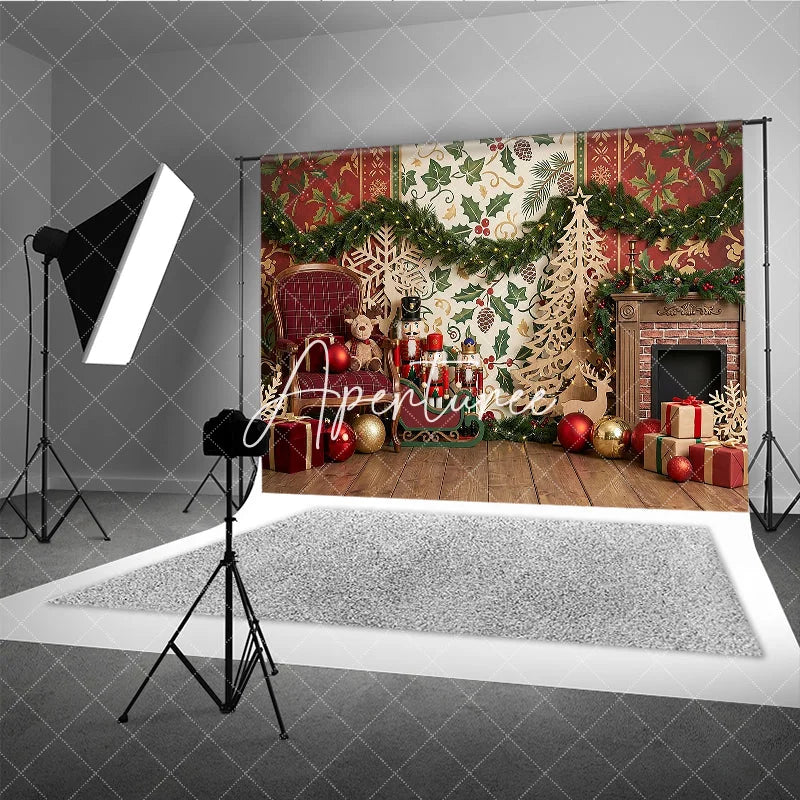Aperturee - Aperturee Traditional Christmas Fireplace Nutcracker Photography Backdrop with Festive Gifts and Holiday Garland Decor