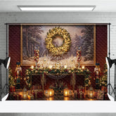 Aperturee - Aperturee Traditional Christmas Photography Backdrop Red Wall with Nutcrackers and Wreath Holiday Mini Session Background