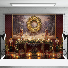 Aperturee - Aperturee Traditional Christmas Photography Backdrop Red Wall with Nutcrackers and Wreath Holiday Mini Session Background