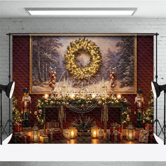 Aperturee - Aperturee Traditional Christmas Photography Backdrop Red Wall with Nutcrackers and Wreath Holiday Mini Session Background
