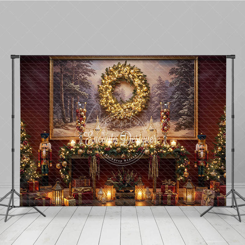 Aperturee - Aperturee Traditional Christmas Photography Backdrop Red Wall with Nutcrackers and Wreath Holiday Mini Session Background